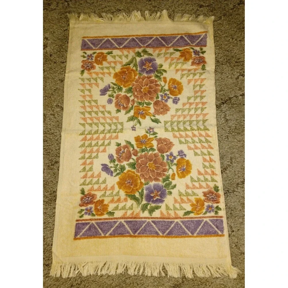 Vintage Towel Set of 3 Lady Pepperell Beige Purple Green Floral Washcloth